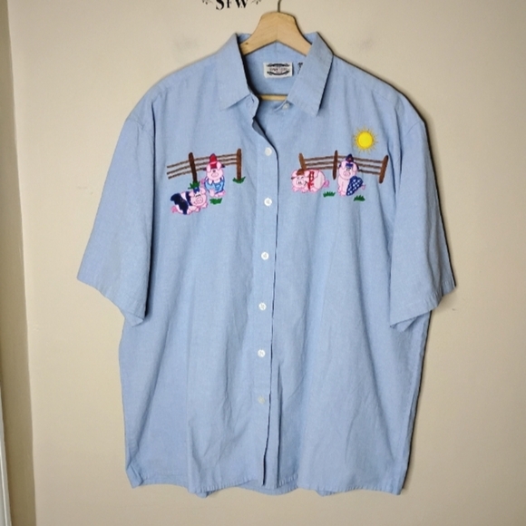 Vintage Plus 24W Pig, Farm Scene Embroidered Button Shirt Separate Issue Country - Picture 4 of 8